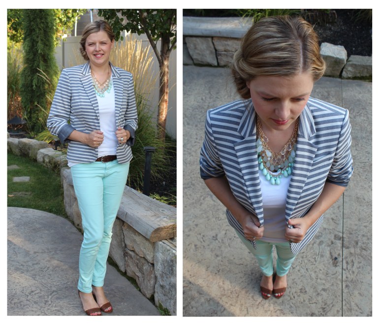 stripe jacket and mint pants